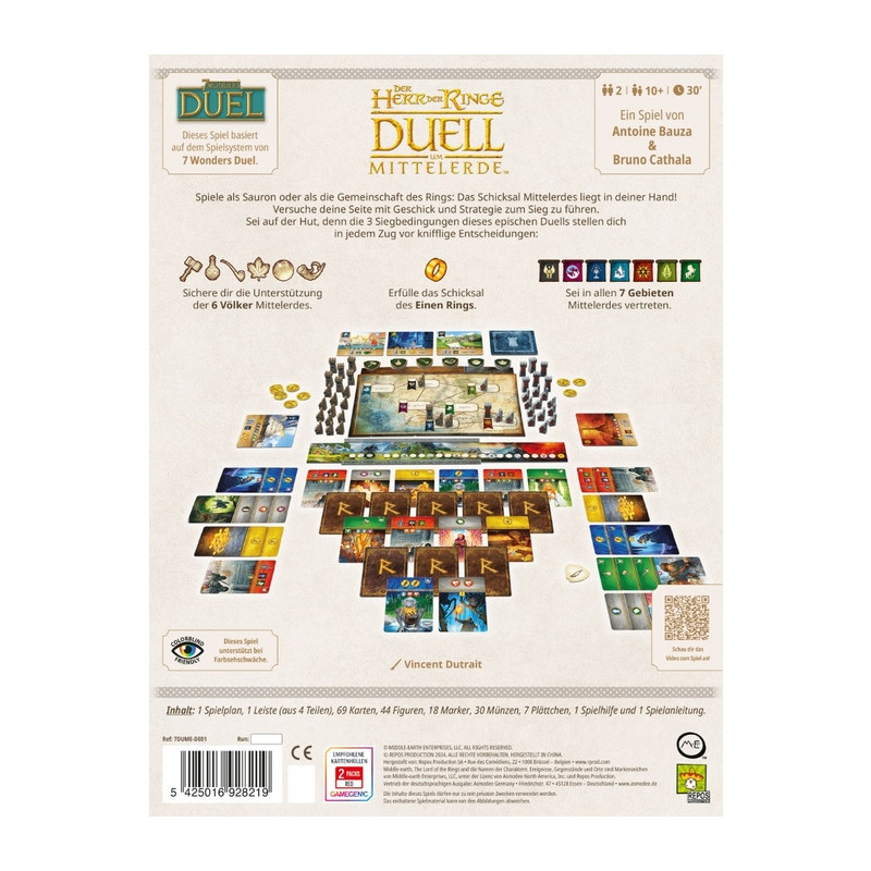 Rückseite der Herr der Ringe: Duell-Box mit Spielmaterial, Karten, Spielbrett und deutschem Text. Rückseite der Herr der Ringe: Duell-Box mit Spielmaterial, Karten, Spielbrett und deutschem Text.