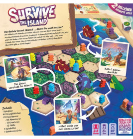 Die Survive: The Island Box zeigt das Spiel-Setup, Spielfiguren und Charaktere in Gefahrensituationen.