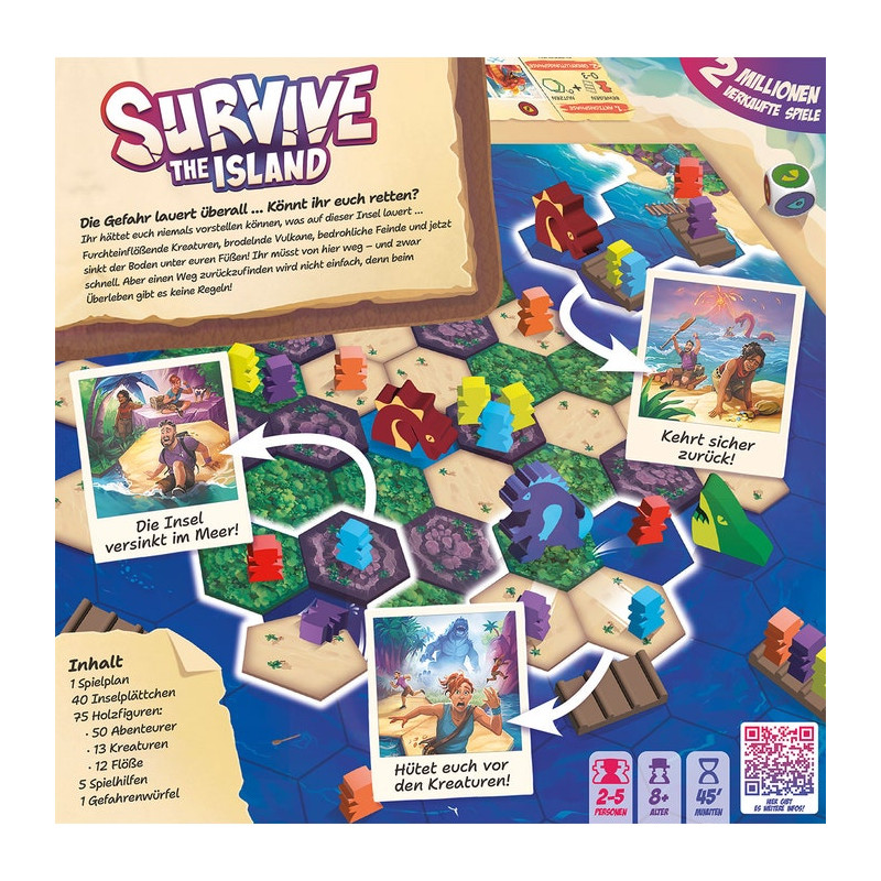 Die Survive: The Island Box zeigt das Spiel-Setup, Spielfiguren und Charaktere in Gefahrensituationen. Die Survive: The Island Box zeigt das Spiel-Setup, Spielfiguren und Charaktere in Gefahrensituationen.