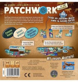 Rückseite der Patchwork 10 Jahre Edition: Spielmaterial und deutscher Text.