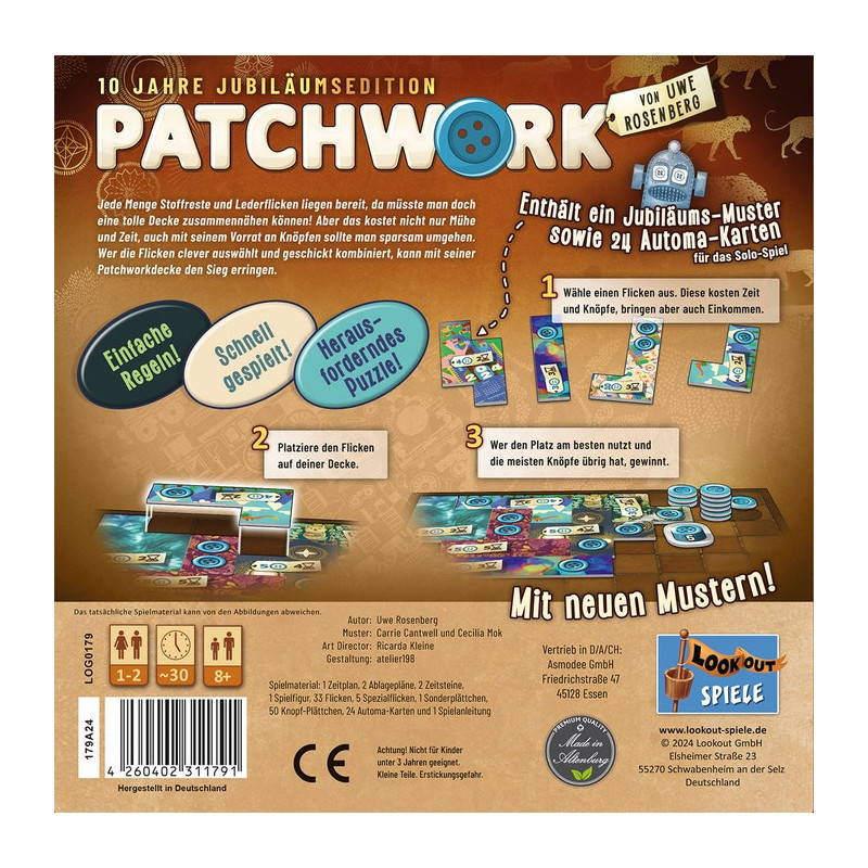 Rückseite der Patchwork 10 Jahre Edition: Spielmaterial und deutscher Text.