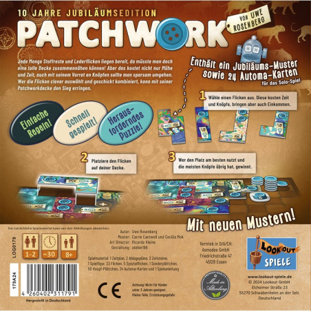 Rückseite der Patchwork 10 Jahre Edition: Spielmaterial und deutscher Text.