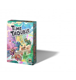 Bunte Time Trouble Brettspielbox mit Comicfiguren und dynamisch-verspieltem Hintergrund.