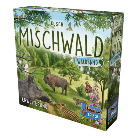 Spieleschachtel Mischwald Waldrand mit Waldtieren, Bäumen, viel Grün und blauem Himmel.