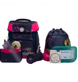 Dunkelblau-rosa Schulranzen-Set mit Sternen: Rucksack, Brotdose, Mäppchen und Hundezubehör.