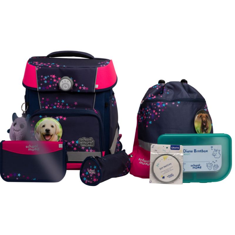 Dunkelblau-rosa Schulranzen-Set mit Sternen: Rucksack, Brotdose, Mäppchen und Hundezubehör.