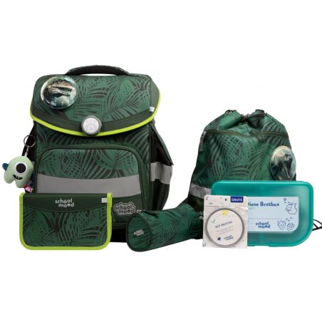 Grün-schwarzes Schulrucksack-Set mit Brotdose, Turnbeutel, Federmäppchen und Taschenlampe.