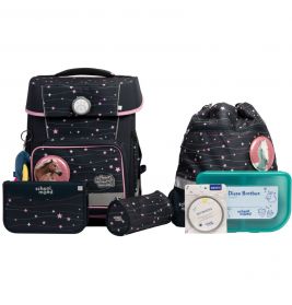 Schulset mit Sternen-Rucksack, Sporttasche, Federmäppchen und Lunchbox mit Einhorn-Motiven.