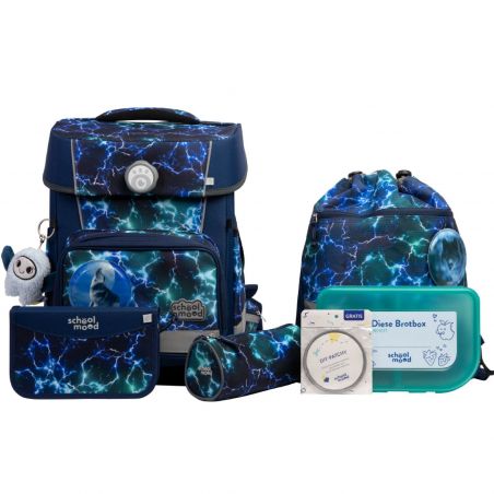 Blaues Schulranzen-Set mit Blitzmuster, passenden Accessoires, Brotdose und kleinem Faultier-Schlüsselanhänger.