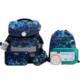 Blaues Schulranzen-Set mit Blitzmustern, bestehend aus Rucksack, Federmäppchen und Brotdose.
