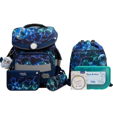 Blaues Schulranzen-Set mit Blitzmustern, bestehend aus Rucksack, Federmäppchen und Brotdose.