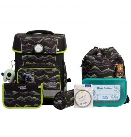 Schwarz-grünes Schulrucksack-Set mit passender Brotdose, Federmäppchen und Turnbeutel.