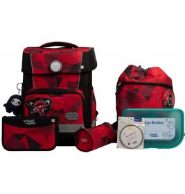 Schulrucksack-Set in Rot und Schwarz mit Brotdose, Federmäppchen, Turnbeutel und kleinem Zubehör.