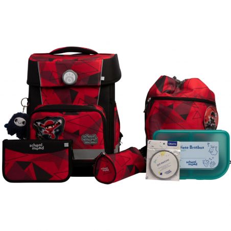 Schulrucksack-Set in Rot und Schwarz mit Brotdose, Federmäppchen, Turnbeutel und kleinem Zubehör.