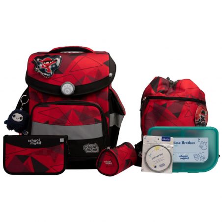 Schulranzen-Set in Rot und Schwarz mit Brotdose, Etui, Flaschenhalter, Anhänger, alle mit geometrischem Muster.