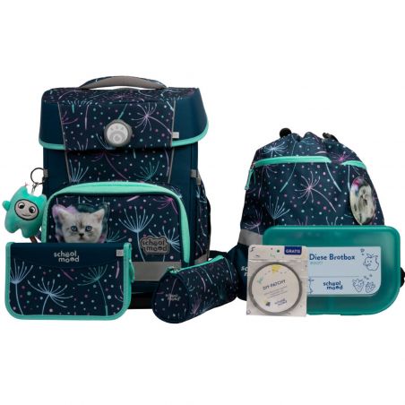 Schulranzen-Set mit Katzen- und Faultiermotiven: Rucksack, Brotdose, Mäppchen und Zubehör.