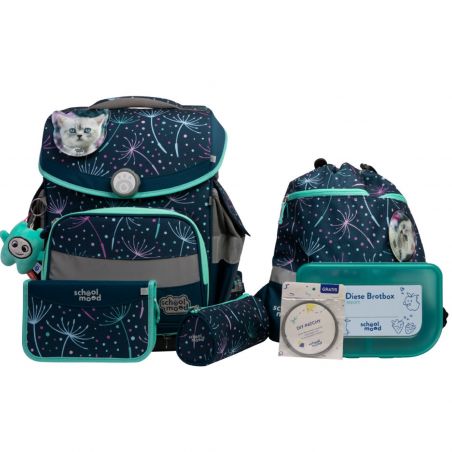 Blaues Schulset mit Pusteblumen-Motiv: Rucksack, Brotdose, Sportbeutel und Schreibwaren.