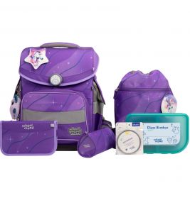 Lila Schulranzen-Set mit Einhorn- und Sternmotiven, inklusive Brotdose und passenden Accessoires.