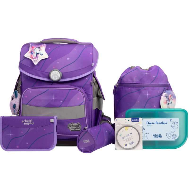 Lila Schulranzen-Set mit Einhorn- und Sternmotiven, inklusive Brotdose und passenden Accessoires. Lila Schulranzen-Set mit Einhorn- und Sternmotiven, inklusive Brotdose und passenden Accessoires.