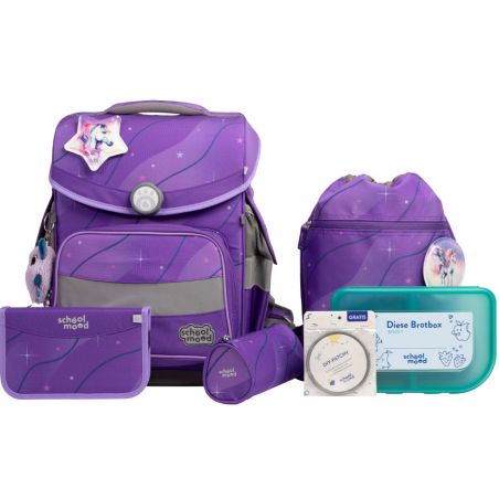 Lila Schulranzen-Set mit Einhorn- und Sternmotiven, inklusive Brotdose und passenden Accessoires.