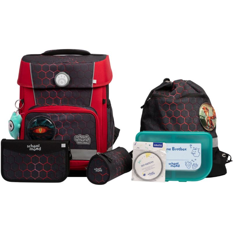 Rot-schwarzes Schulranzen-Set mit Sechseckmuster, Zubehör wie Brotdose, Mäppchen und Rucksack. Rot-schwarzes Schulranzen-Set mit Sechseckmuster, Zubehör wie Brotdose, Mäppchen und Rucksack.