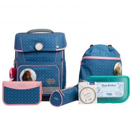 Blau-rosa Schulset mit Rucksack, Federmäppchen, Beutel, Brotdose und rundem Zubehör.