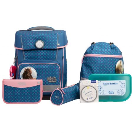 Blau-rosa Schulset mit Rucksack, Federmäppchen, Beutel, Brotdose und rundem Zubehör.