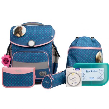 Blau-rosa Schulrucksack-Set mit passenden Accessoires, Brotdose und Schlüsselanhänger.
