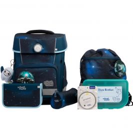 Blaue Schultaschen und Zubehör mit Sternenmotiv, inklusive Brotdose und Schlüsselanhänger.