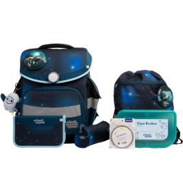 Dunkelblaues Schulrucksack-Set mit Weltraummotiv, Brotdose, Federmäppchen, Beutel und kleinem Plüschanhänger.