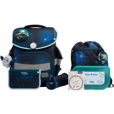 Dunkelblaues Schulrucksack-Set mit Weltraummotiv, Brotdose, Federmäppchen, Beutel und kleinem Plüschanhänger.