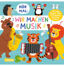 Cartoon-Tiere spielen Instrumente, umgeben von Noten, mit dem Schriftzug Wir machen Musik.