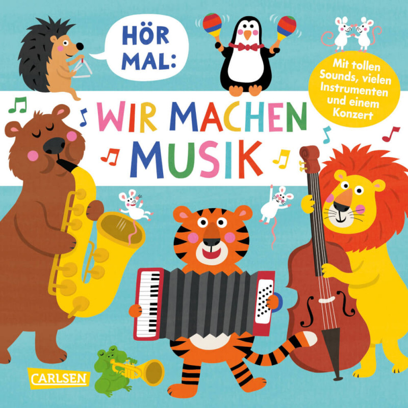 Cartoon-Tiere spielen Instrumente, umgeben von Noten, mit dem Schriftzug Wir machen Musik.