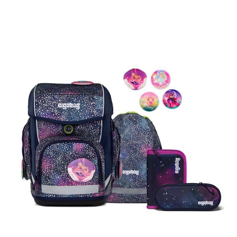 Schulrucksack-Set mit Galaxie-Muster: Rucksack, Federmäppchen, Beutel und vier runde Anstecker. Schulrucksack-Set mit Galaxie-Muster: Rucksack, Federmäppchen, Beutel und vier runde Anstecker.