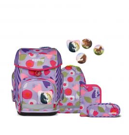 Lila-pinkes Schulrucksack-Set mit Blumenmuster, Pferde-Patches, Federmäppchen und Turnbeutel.