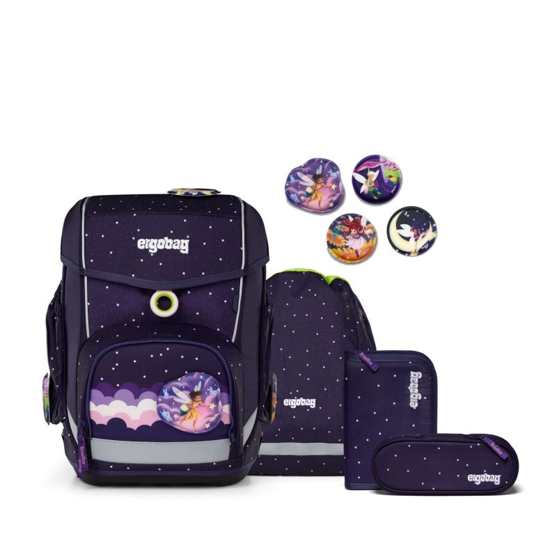 Dunkellila Schulranzen-Set mit Sternenmuster, Einhornmotiven sowie passenden Accessoires und Buttons.