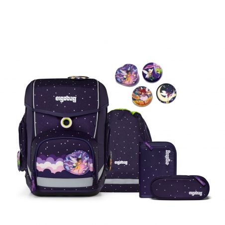 Dunkellila Schulranzen-Set mit Sternenmuster, Einhornmotiven sowie passenden Accessoires und Buttons.