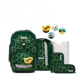 Grünes Rucksack-Set mit gelb-grünem Muster und Dinosauriermotiven, passender Tasche, Federmäppchen und Mappe.