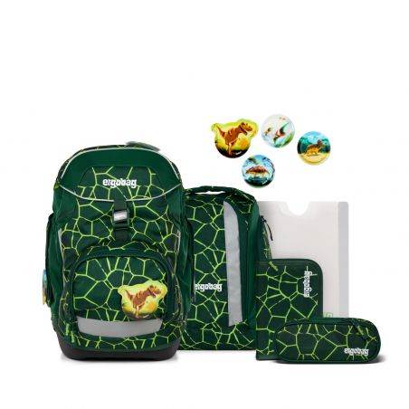 Grünes Rucksack-Set mit gelb-grünem Muster und Dinosauriermotiven, passender Tasche, Federmäppchen und Mappe.