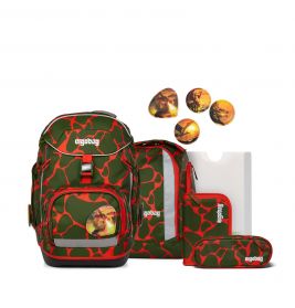 Grün-rotes Camouflage-Schulranzen-Set mit Dino-Patches und passenden Accessoires.
