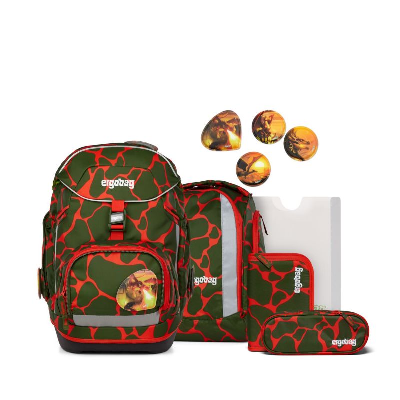 Grün-rotes Camouflage-Schulranzen-Set mit Dino-Patches und passenden Accessoires.