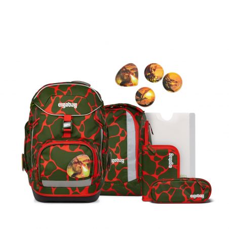 Grün-rotes Camouflage-Schulranzen-Set mit Dino-Patches und passenden Accessoires.