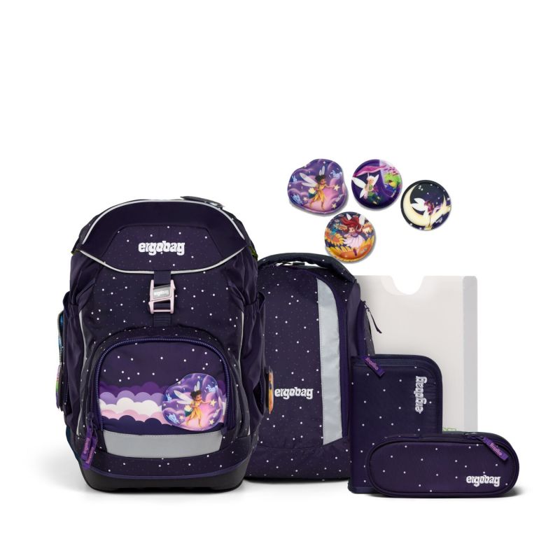 Lila Schulutensilien mit Sternmustern: Rucksack, Mappen, Taschen und Abzeichen.