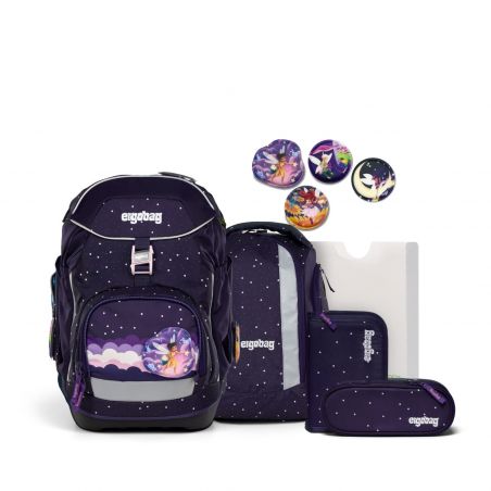 Lila Schulutensilien mit Sternmustern: Rucksack, Mappen, Taschen und Abzeichen.