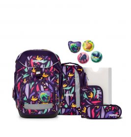 Buntes Schulranzen-Set mit Blumenmuster, passenden Taschen, Mappen und Tiermotiv-Buttons.