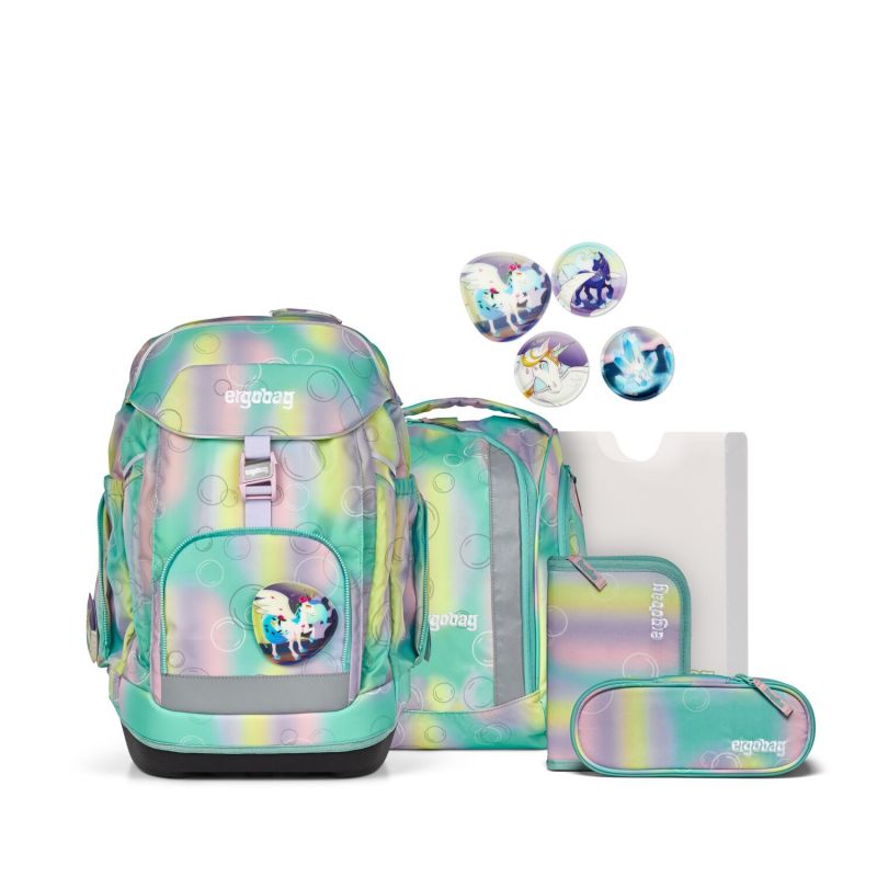 Schulset: Irideszenter Rucksack mit Einhorn-Patches, passender Brotdose, Mappe und Federmäppchen. Schulset: Irideszenter Rucksack mit Einhorn-Patches, passender Brotdose, Mappe und Federmäppchen.