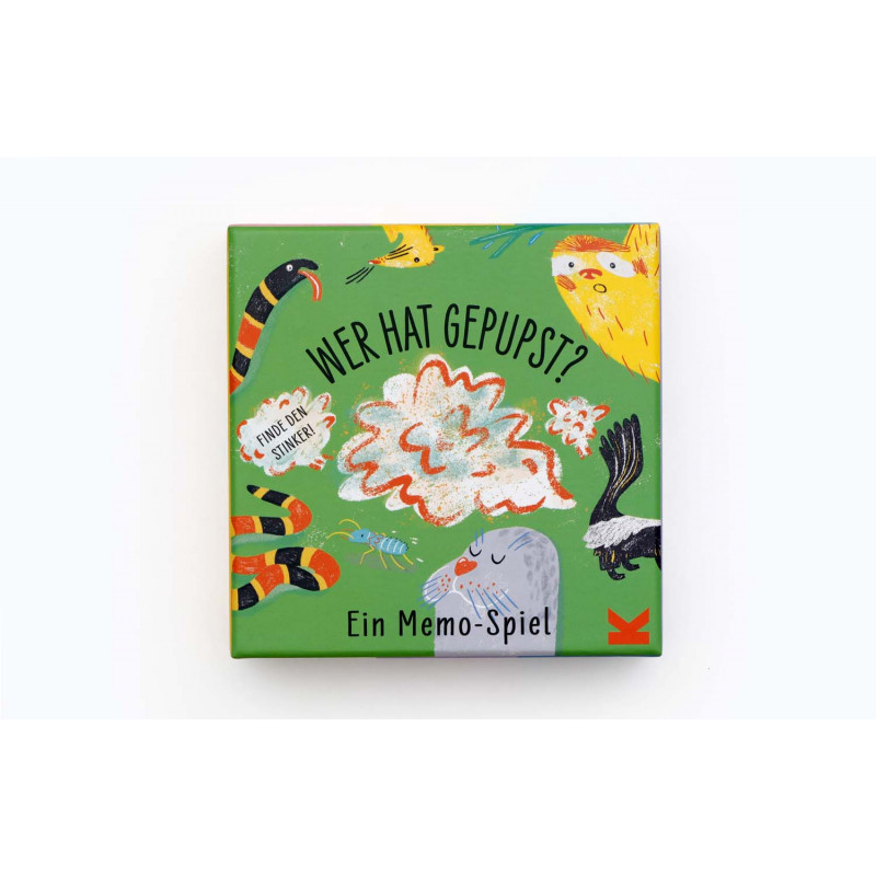 Grüne Spielebox mit Tieren, einer Wolke und dem deutschen Titel Wer hat gepupst? Ein Memo-Spiel. Grüne Spielebox mit Tieren, einer Wolke und dem deutschen Titel Wer hat gepupst? Ein Memo-Spiel.