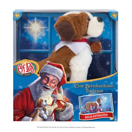 Elf Pets Bernhardinerplüschtier in festlicher Box mit Santa-Abbildung und deutscher Beschriftung auf der Verpackung.