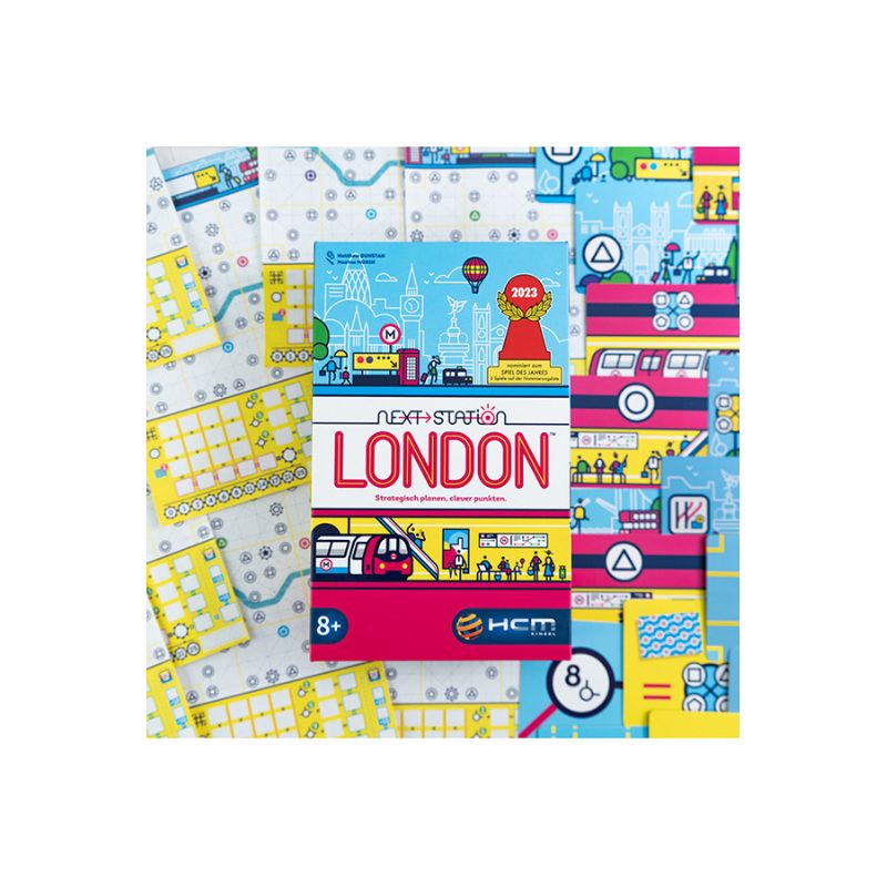 Nächste Station: London Brettspiel auf bunter, illustrierter Stadtkarte mit Symbolen bekannter Orte.