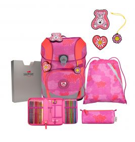 Rosa-rotes Schulrucksack-Set mit Federmäppchen, Buntstiften, Turnbeutel und niedlichen Aufnähern.